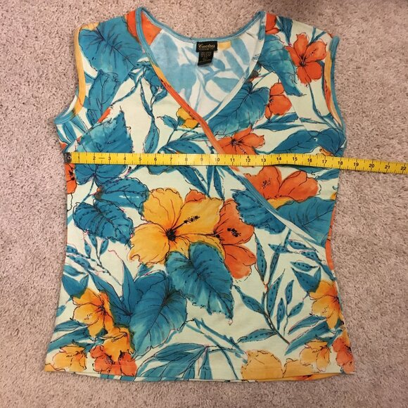 Cactus Faux Wrap Hawaiian Orange Hibiscus Tropical Sequin & Cotton Top - Picture 11 of 15